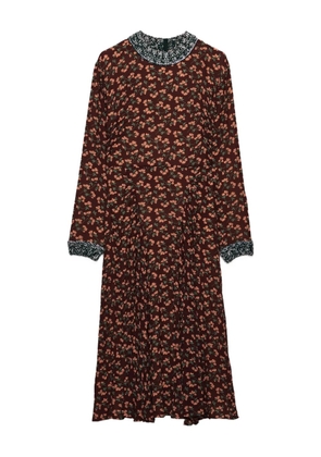 Prada floral-print pleated knit-trim midi dress - Brown