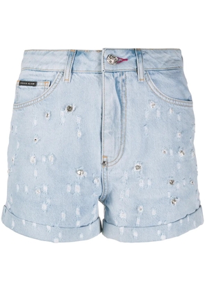 Philipp Plein crystal-embellished denim shorts - Blue