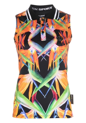 Plein Sport floral-print sleeveless cotton polo shirt - Black