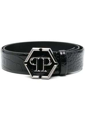 Philipp Plein hexagon logo-buckle leather belt - Black