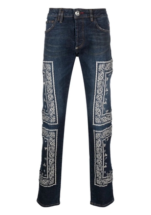 Philipp Plein paisley-embroidered straight-leg jeans - Blue