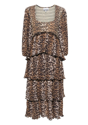 GANNI leopard-print tiered midi dress - Brown