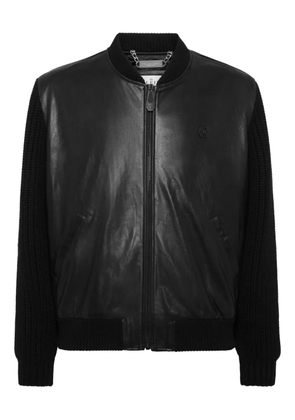 Philipp Plein leather knitted-sleeve jacket - Black