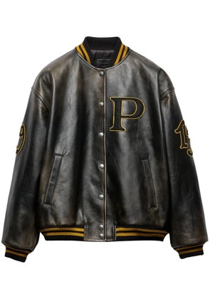 Prada logo-appliqué leather bomber jacket - Black