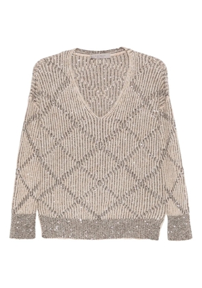 D.Exterior sequin-embellished V-neck sweater - Neutrals