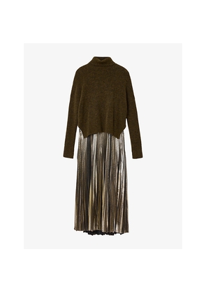 Womens Allsaints Spark High-Neck Pleated-Skirt Wool-Blend Midi Dress