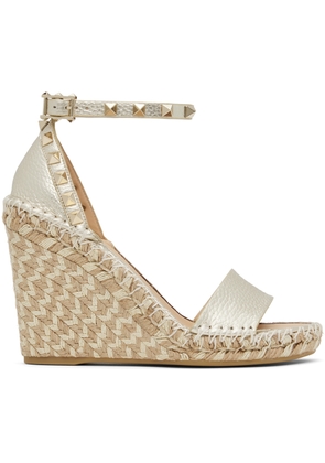 Valentino Garavani Silver Double Rockstud Grainy Calfskin Wedge Sandals