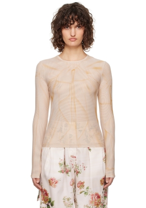 OPEN YY Brown Ribbon Print Mesh Long Sleeve T-shirt