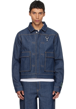 Reese Cooper Navy Concealed Button Denim Trucker Jacket
