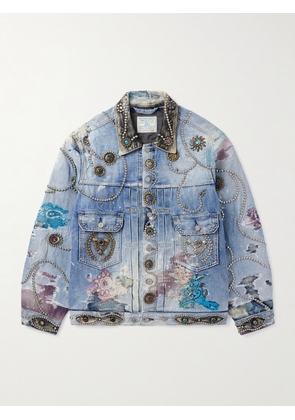 PROLETA RE ART - Distressed Embellished Patchwork Leather-Trimmed Denim Trucker Jacket - Men - Blue - L