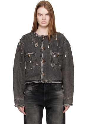 R13 Gray Chain Embellished Cropped Denim Chore Jacket