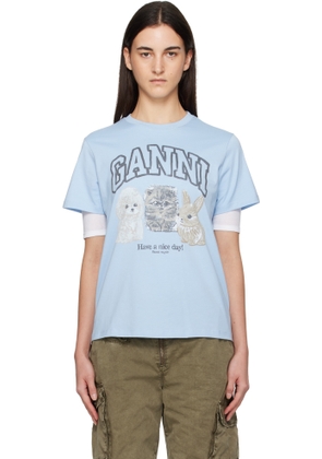 GANNI Blue Animal Print T-shirt