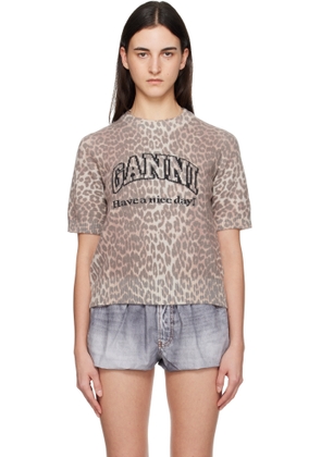 GANNI Brown Leopard Wool Mix T-shirt