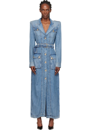 Balmain Blue Belted Long Denim Coat