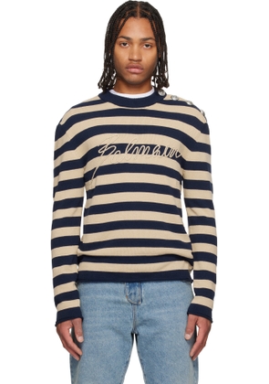 Balmain Navy & Beige 'Balmain' Logo Marinière Sweater