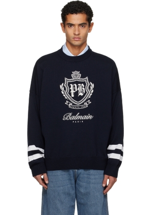 Balmain Navy College Emblem Knit Sweater