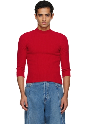 ALAINPAUL Red Knit 3/4 Sleeves Crewneck Sweater