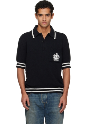 Balmain Black College Emblem Embroidery Knit Polo