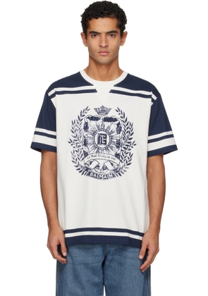 Balmain White & Navy Varsity 'Balmain' Écusson Print T-shirt