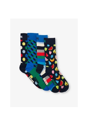Mens Happy Socks Graphic-Patten Ankle-Length Stretch Cotton Blend Socks Pack Of Four