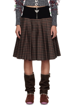 Chopova Lowena Brown Fret Black Knitted Pleated Knee Midi Skirt