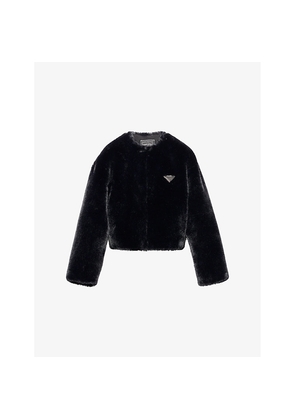 Womens Prada Aspen Triangle-Logo Cropped Faux-Fur Jacket