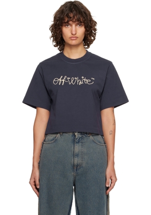 Off-White Navy Embroidered Script Logo Crop Logo T-shirt