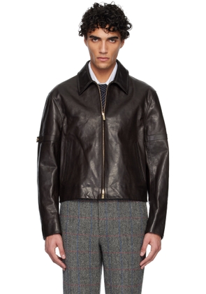 Thom Browne Brown Zip Front Armband Leather Jacket