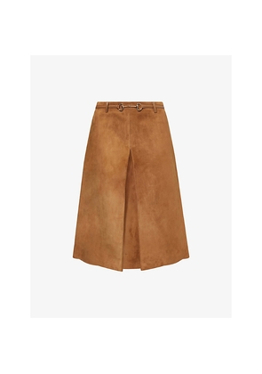 Womens Gucci Horsebit Pleated Suede Midi Skirt