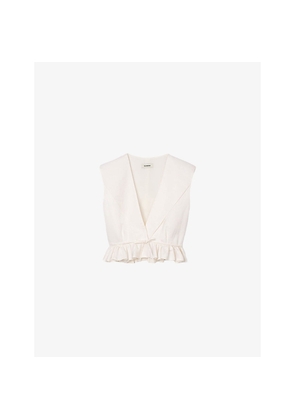 Womens Sandro V-Neck Ruffle-Hem Cropped Linen-Blend Top