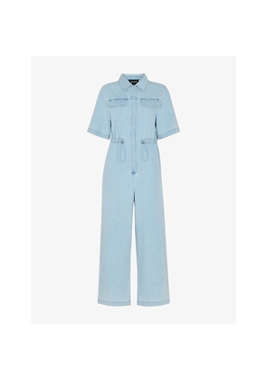 Womens Whistles Drawstring-Waist Short-Sleeve Denim Jumpsuit