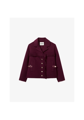 Womens Claudie Pierlot Fringed Button-Down Short Wool-Blend Coat