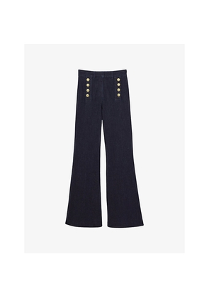 Womens Reiss Athena Button-Embellished Flared-Leg Stretch-Denim Jeans