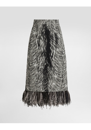 Dolce & Gabbana Charmeuse Calf-length Pencil Skirt With Fur Print And Feathered Detailing - Woman Skirts Grey 36