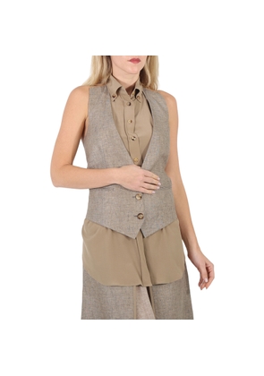 Burberry Ladies Cedar Brown Melange Silk Shirt Detail Linen Remodeled Vest