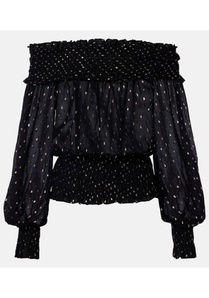 Self-Portrait Shirred metallic-effect off-shoulder top