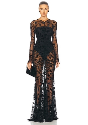 Norma Kamali Long Sleeve V Neck Shirred Front Fishtail Gown in Black Leaf - Black. Size XS (also in ).