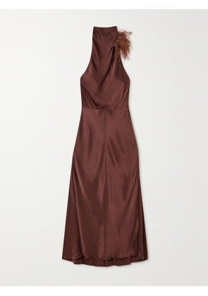 VINCE - Feather-trimmed Satin Halterneck Maxi Dress - Brown - US0,US2,US4,US6,US8,US10,US12,US14