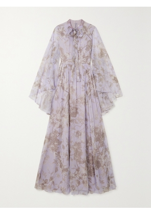Erdem - Chiara Tie-detailed Cape-effect Printed Voile Gown - Purple - UK 4,UK 6,UK 8,UK 10,UK 12,UK 14,UK 16,UK 18,UK 20