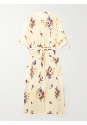 Miguelina - Guayabera Belted Printed Linen Coverup - Yellow - One size