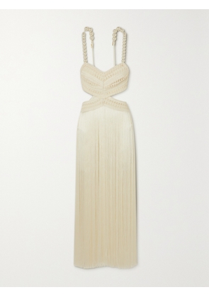 PATBO - Faux Pearl-embellished Crocheted Fringed Satin Maxi Dress - White - US0,US2,US4,US6,US8,US10,US12