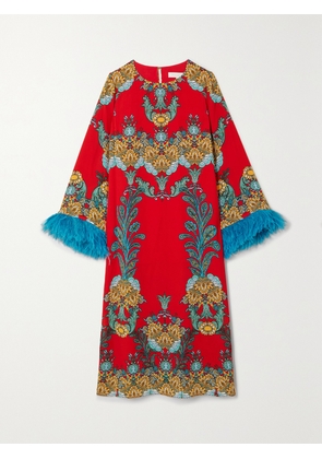 Borgo de Nor - Seraphina Feather-trimmed Printed Crepe Midi Dress - Red - UK 6,UK 8,UK 10,UK 12,UK 14,UK 16,UK 18