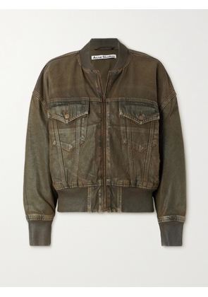 Acne Studios - Oversized Distressed Denim-trimmed Faux Leather Jacket - Green - EU 32,EU 34,EU 36,EU 38,EU 40
