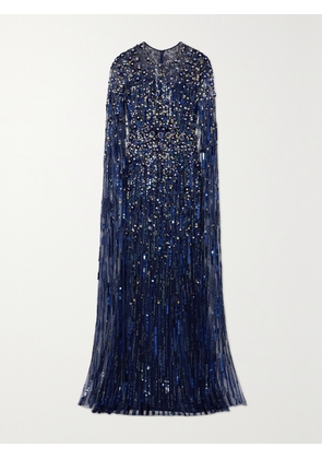 Jenny Packham - Cape-effect Embellished Tulle Gown - Blue - UK 6,UK 8,UK 10,UK 12,UK 14,UK 16,UK 18,UK 20,UK 22