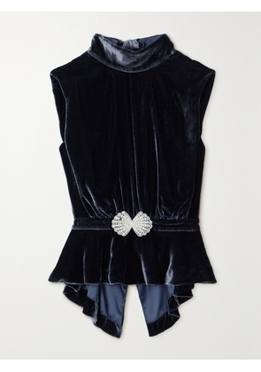 Saloni - Fleur Embellished Gathered Velvet Peplum Top - Blue - UK 4,UK 6,UK 8,UK 10,UK 12,UK 14,UK 16