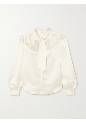 SAINT LAURENT - Cropped Pussy-bow Silk-charmeuse Blouse - Cream - FR 36,FR 38,FR 40,FR 42