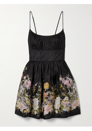 Zimmermann - Natura Floral-print Linen And Silk-blend Bustier Mini Dress - Black - 00,1,2,3,4