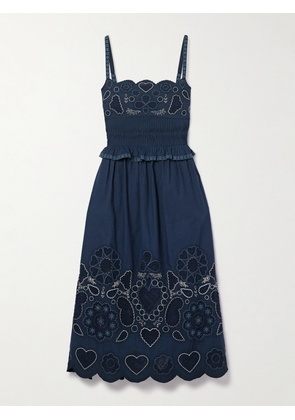 Sea - Jeanetta Mesh-trimmed Embroidered Cotton-voile Midi Dress - Blue - US0,US2,US4,US6,US8,US10,US12,US14,US16