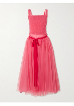 MOLLY GODDARD - Elodie Shirred Grosgrain-trimmed Tulle Midi Dress - Pink - UK 6,UK 8,UK 10,UK 12,UK 14