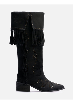 Studded Suede Fringe Boots Black
